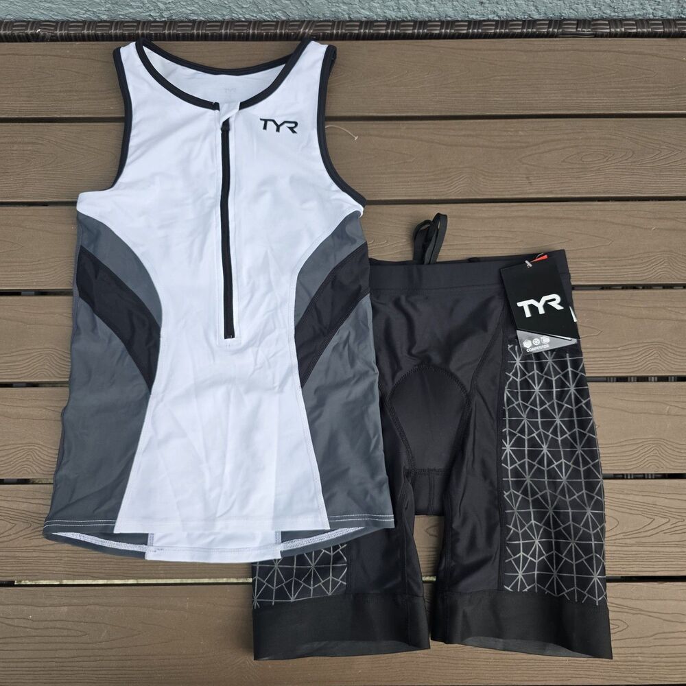 TYR Women Black/white Triathlon Trisuit Tank & 6 in Padded Short Sz S New No Tag